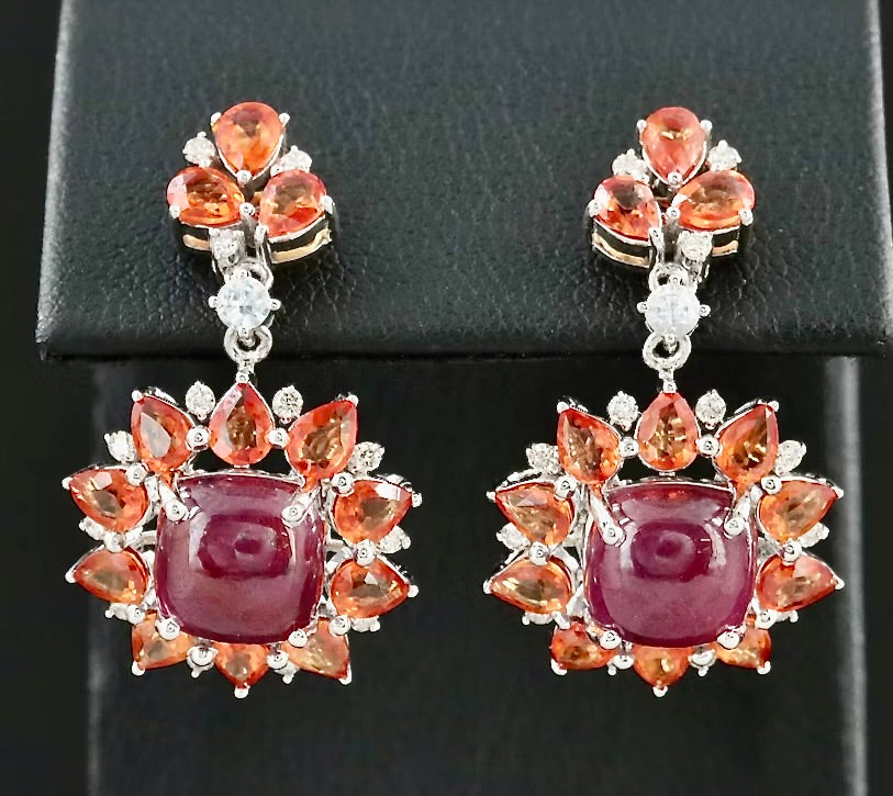 7.17 Carat Ruby Cabachon, Sapphire, and Diamond Earrings