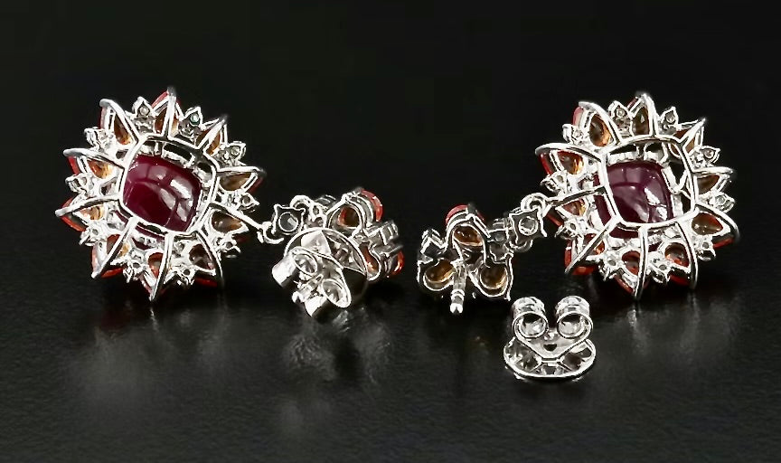 7.17 Carat Ruby Cabachon, Sapphire, and Diamond Earrings